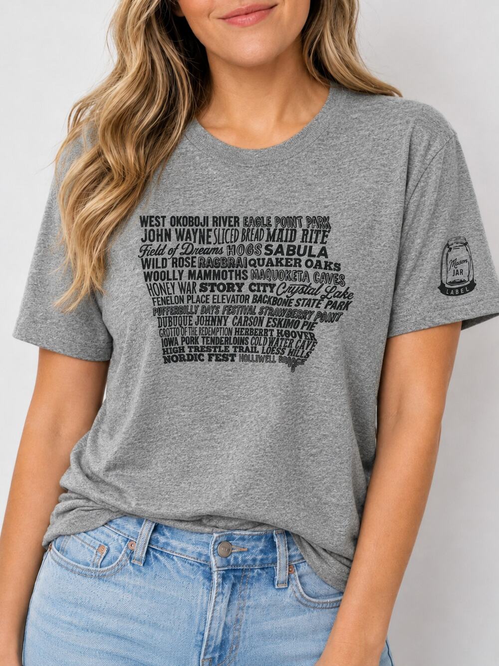 Mason Jar Label Iowa Graphic T-Shirt Large Gray Souvenir Travel Tee Cotton Blend